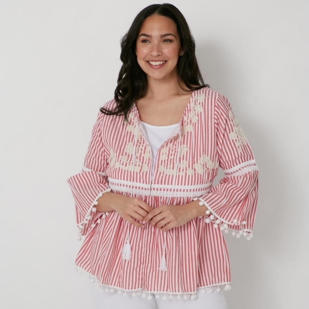 3/$30 EUC Celestial Blue M 100% Cotton Red and White Blouse with Beading